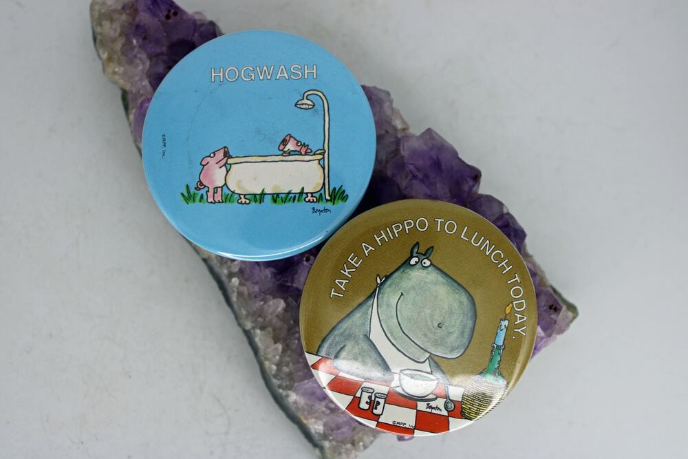 1980's Pair of Sandra Boynton Humorous Pin Back Flair Buttons